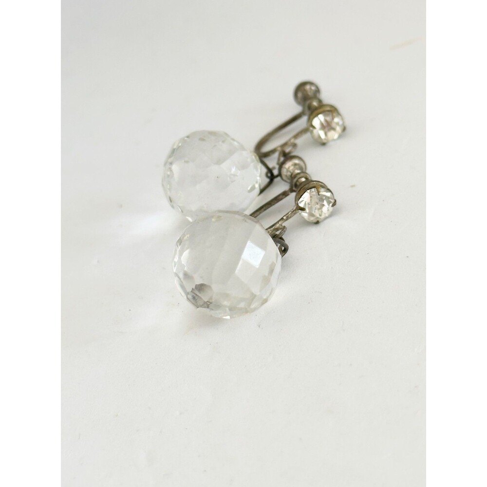 Vintage Art Deco Clear Faceted Crystal Orb Screw Back Dangle Earrings - Picture 3 of 4